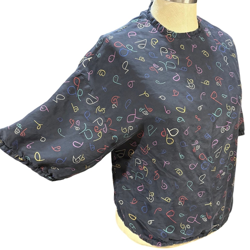 VTG Josephine Chaus S 100% Silk Abstract Print Top Black Colorful Maximalist 90s